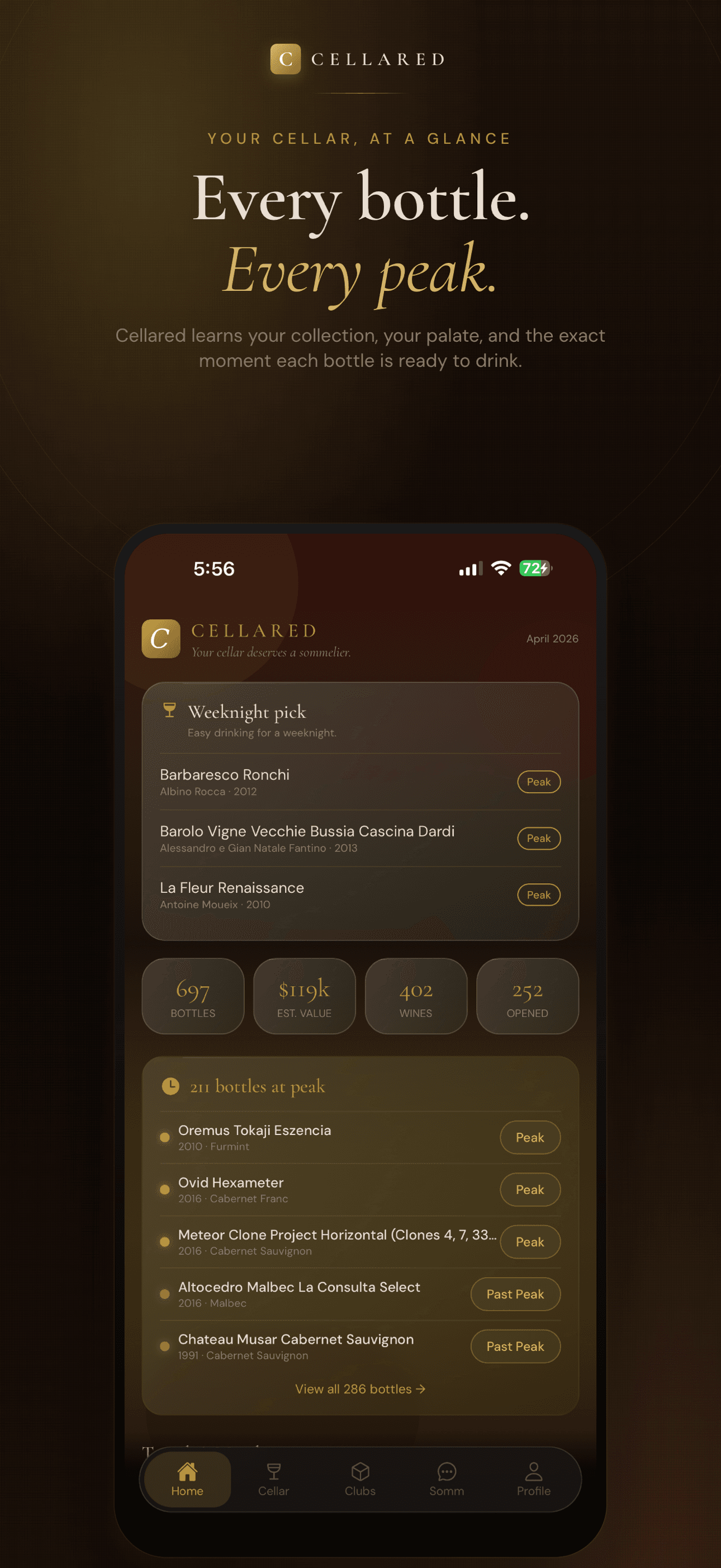 Cellared home screen showing a weeknight pick and a list of bottles currently at their peak.