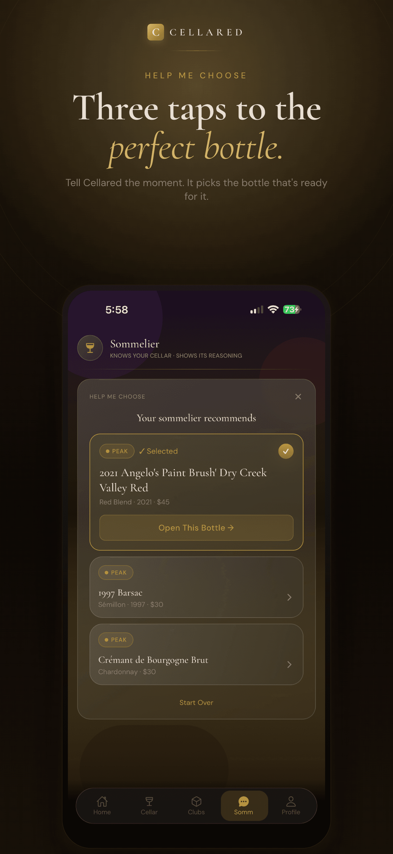 Cellared sommelier screen recommending three bottles from the user's own cellar for the occasion.